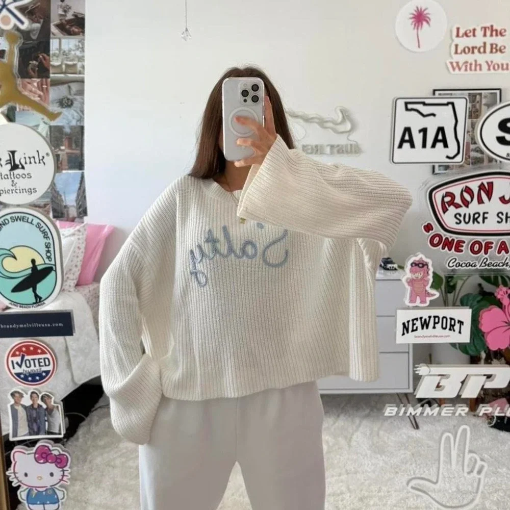 cream and sky blue knitted beachy sweater 
